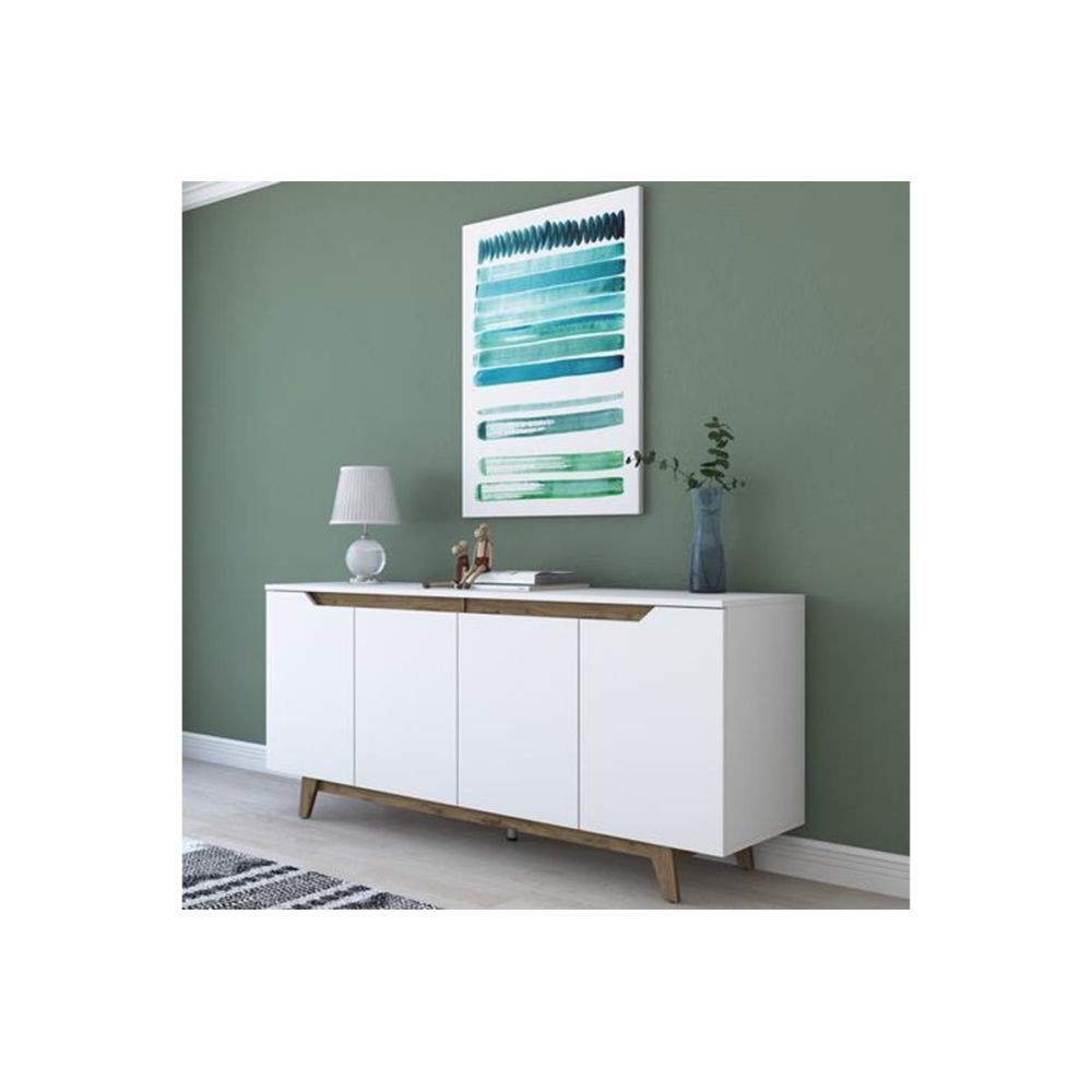 Buffet con 4 Puertas y Patas de Madera Resistente - Nogal-Blanco - 180x45x78,5cm