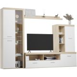Mueble de Salón Moderno con Leds, Acabado en Cambria - Blanco, Medidas: 260 cm (Ancho) x 191 cm (Alto) 47,5 cm (Fondo)