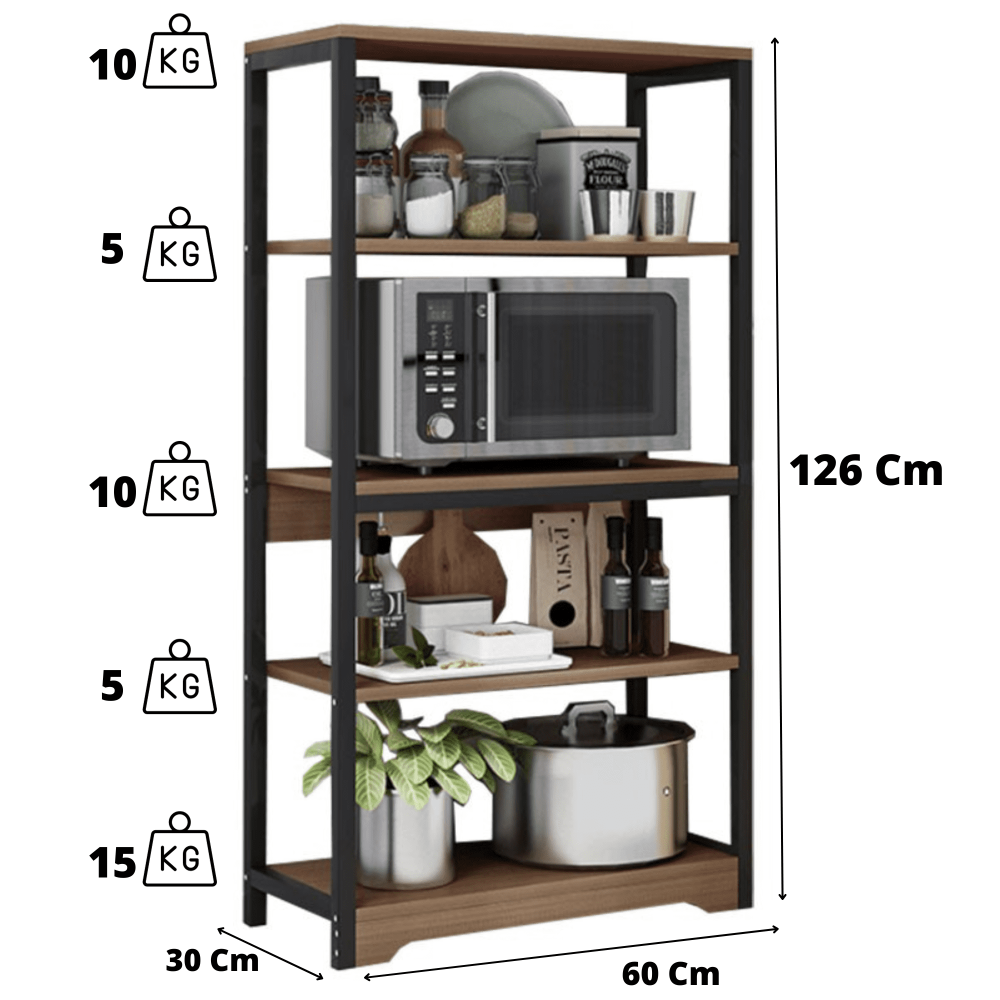 Estantería de Cocina Con Marco de Metal Negro, Estante Industrial para microondas 60x30x126 Cm Color Madera y Negro